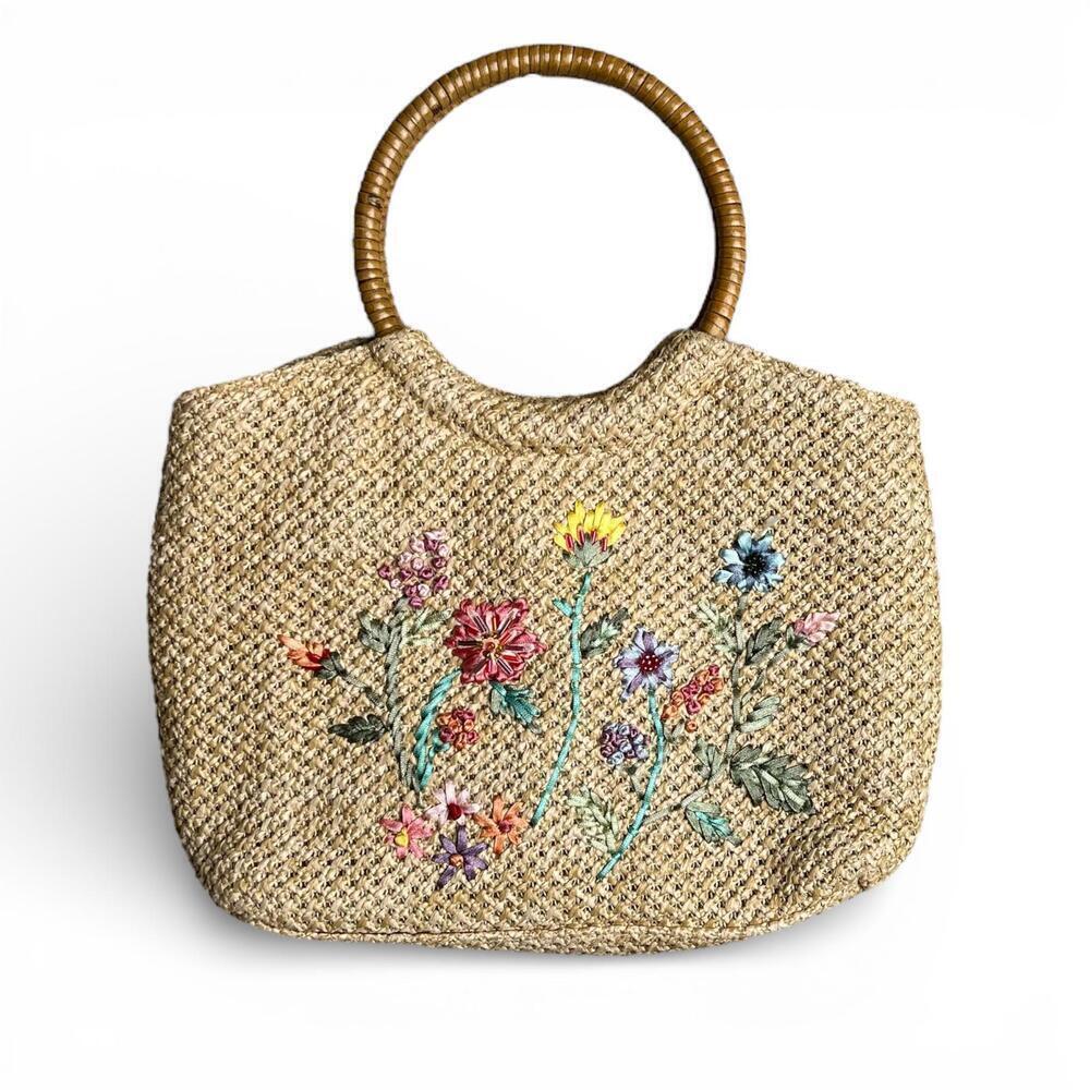 Vintage Straw Handbag with Floral Embroidery and Wooden Handles